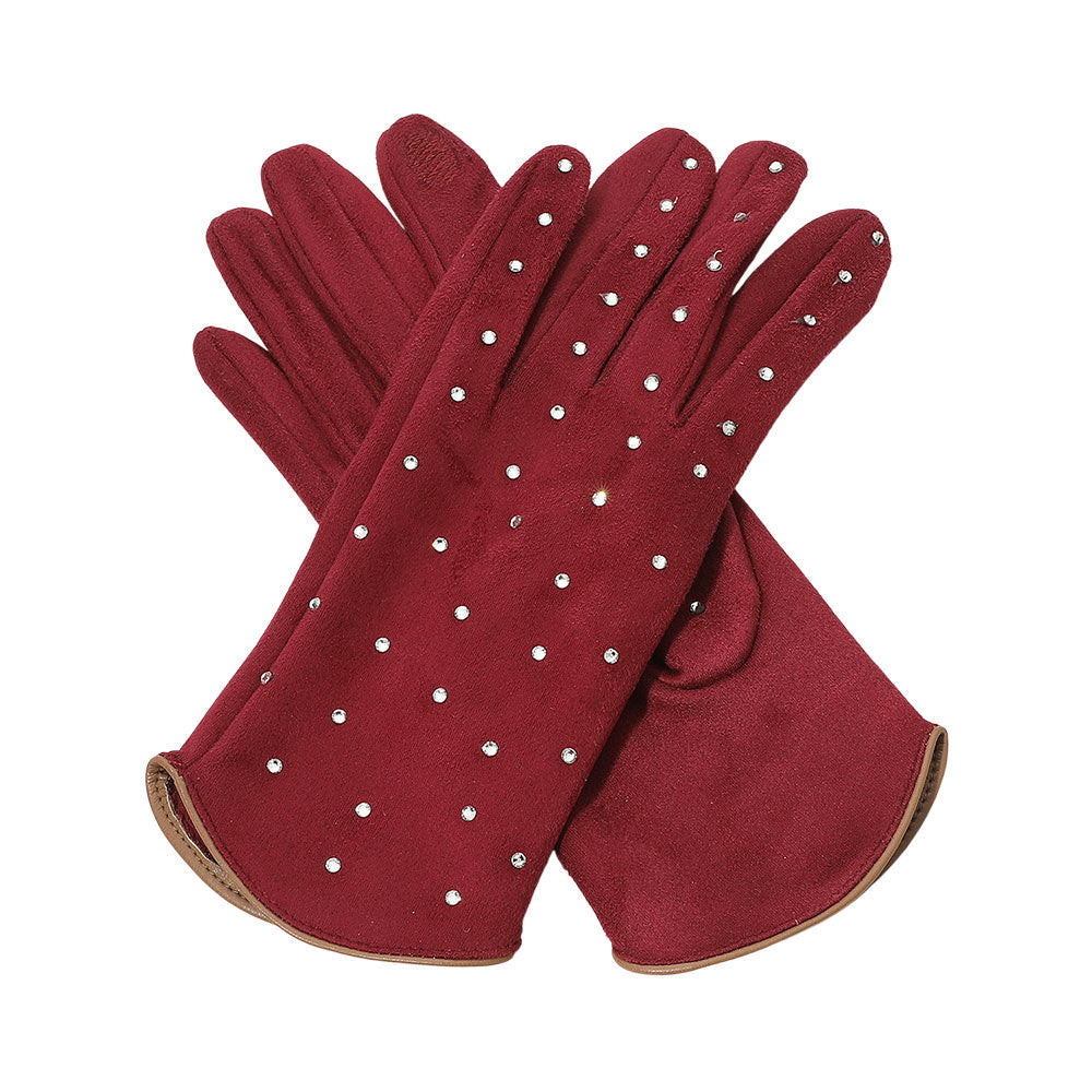 Burgundy Rhinestone Embellished Smart Touch Winter Gloves
