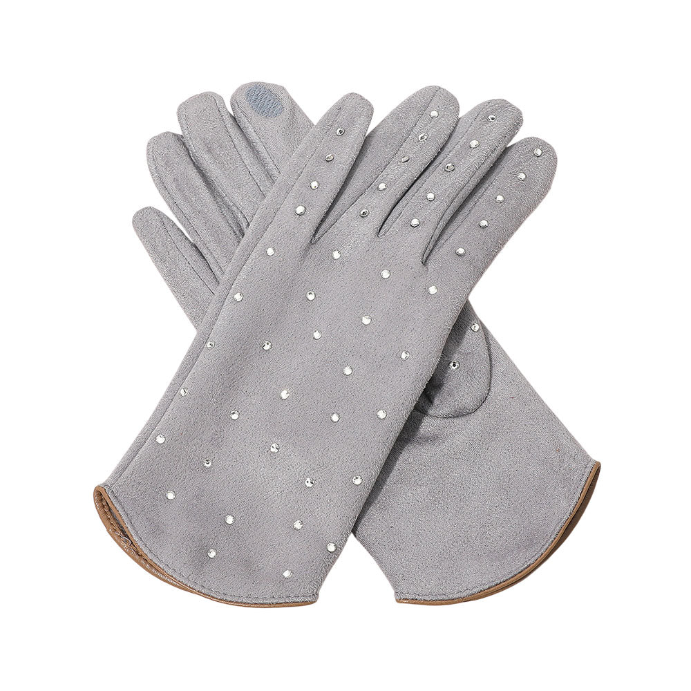 Gray Rhinestone Embellished Smart Touch Winter Gloves