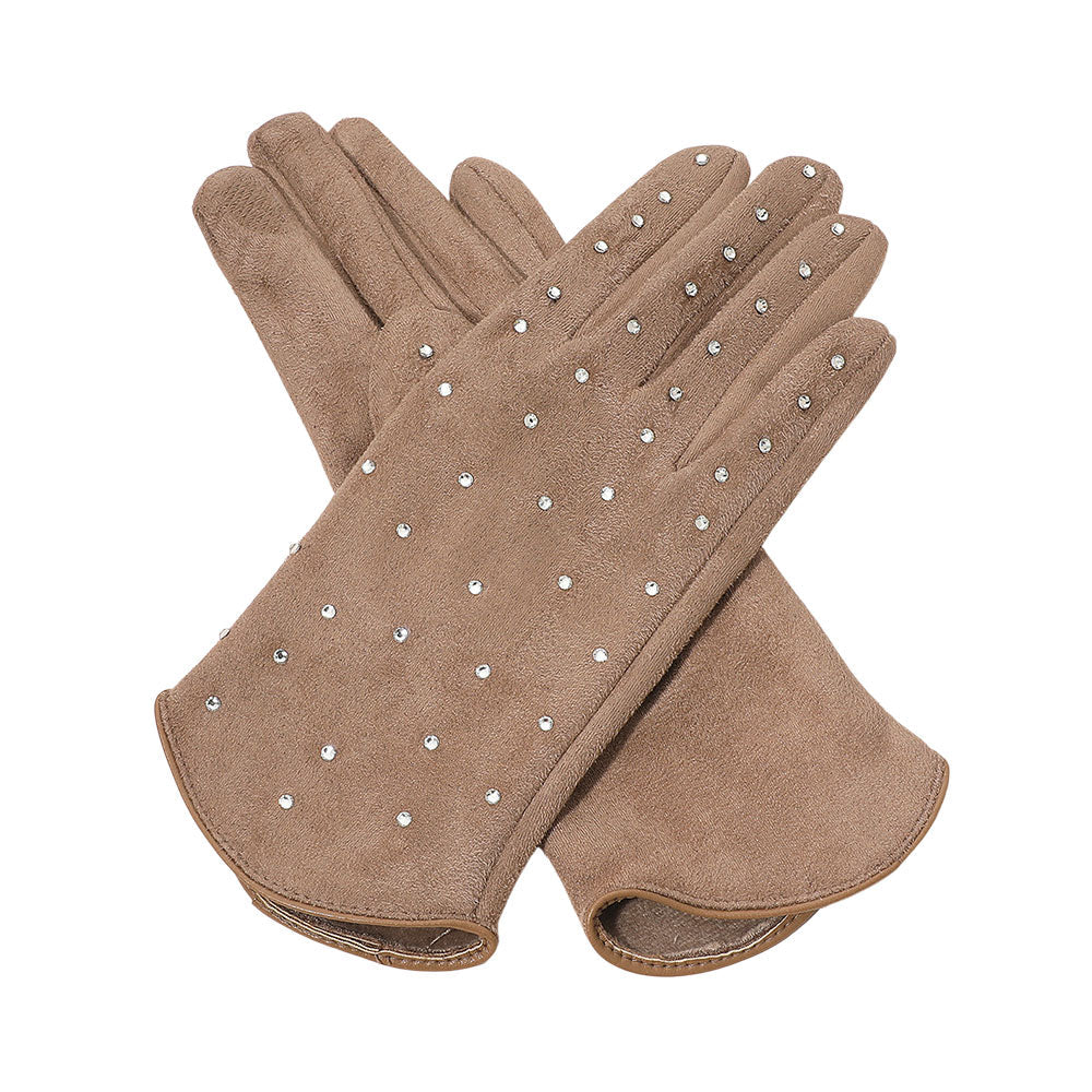 Khaki Elegant smart touch gloves adorned with sparkling rhinestones and a sleek trim finish. These stylish gloves combine comfort with functionality, allowing touchscreen use while keeping hands warm and chic — perfect for both casual outings and sophisticated cold-weather looks.