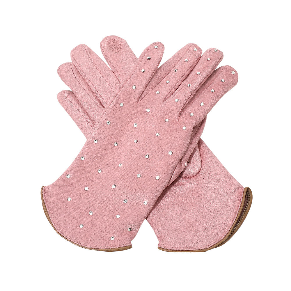 Pink Rhinestone Embellished Smart Touch Winter Gloves