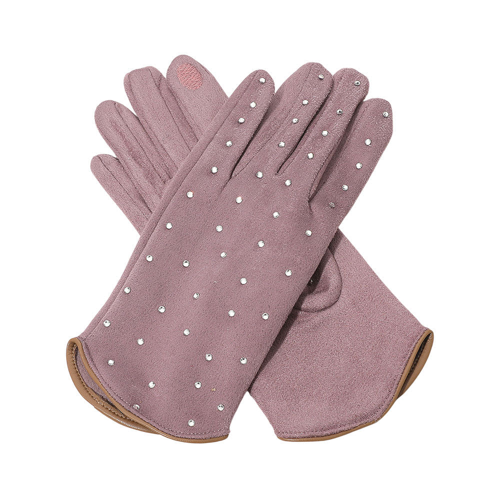 Purple Rhinestone Embellished Smart Touch Winter Gloves