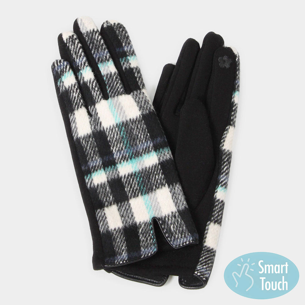 Black Plaid Check Patterned Touch Smart Gloves