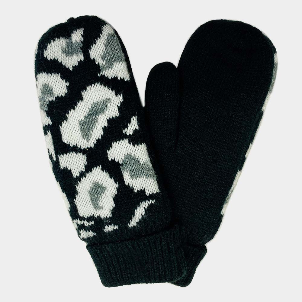 Black Leopard Patterned Mitten Fleece Lining Gloves