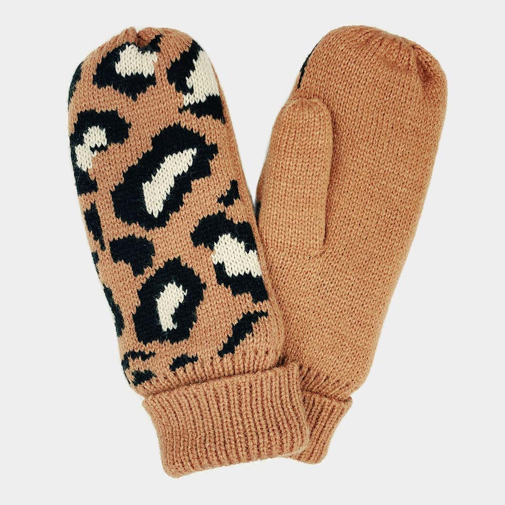 Camel Leopard Patterned Mitten Fleece Lining Gloves