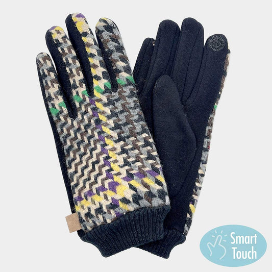 Gray Houndstooth Patterned Smart Gloves