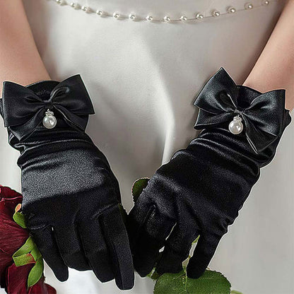 Madeline Love Black Dressy Satin Feel Pearl Charm Bow Accent Gloves - Wedding & Bridal