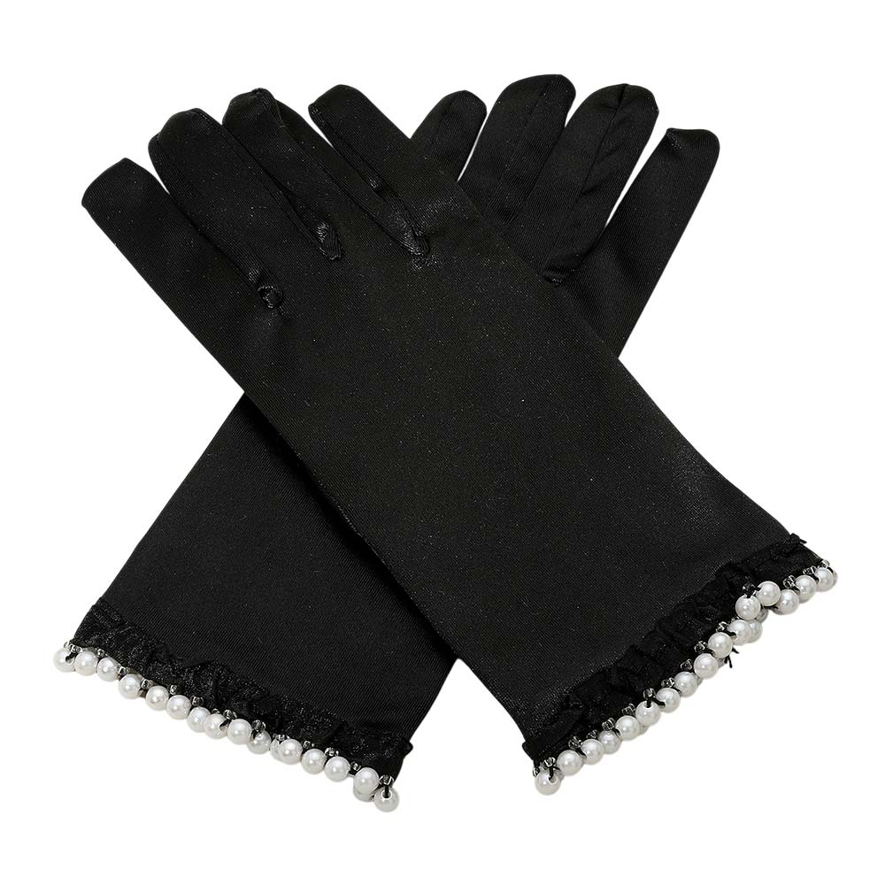 Black Elegant satin-style gloves featuring delicate lace and pearl trim at the cuffs. A refined accessory ideal for formal events, evening wear, or special occasions. Comfortable and stylish for a polished finish.