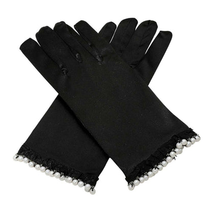 Black Elegant satin-style gloves featuring delicate lace and pearl trim at the cuffs. A refined accessory ideal for formal events, evening wear, or special occasions. Comfortable and stylish for a polished finish.