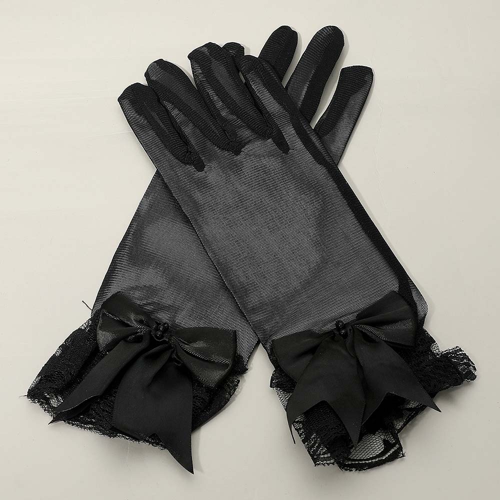 Madeline Love Black Dressy Sheer Lace Satin Bow Trim Gloves - Wedding & Bridal - desc
