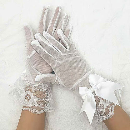 Madeline Love White Dressy Sheer Lace Satin Bow Trim Gloves - Wedding & Bridal