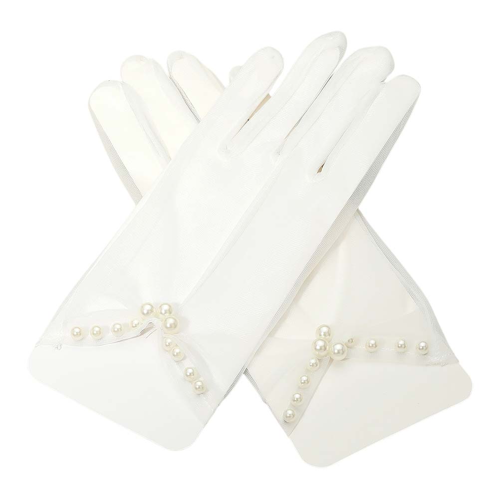 White Sheer gloves featuring a delicate pearl accent around the wrist. Ideal for weddings, formal occasions, or vintage-inspired looks. These gloves bring an elegant and refined touch to any special event outfit.