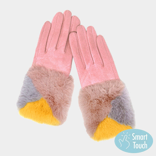Pink Color Block Faux Fur Cuff Accented Soft Suede Smart Gloves
