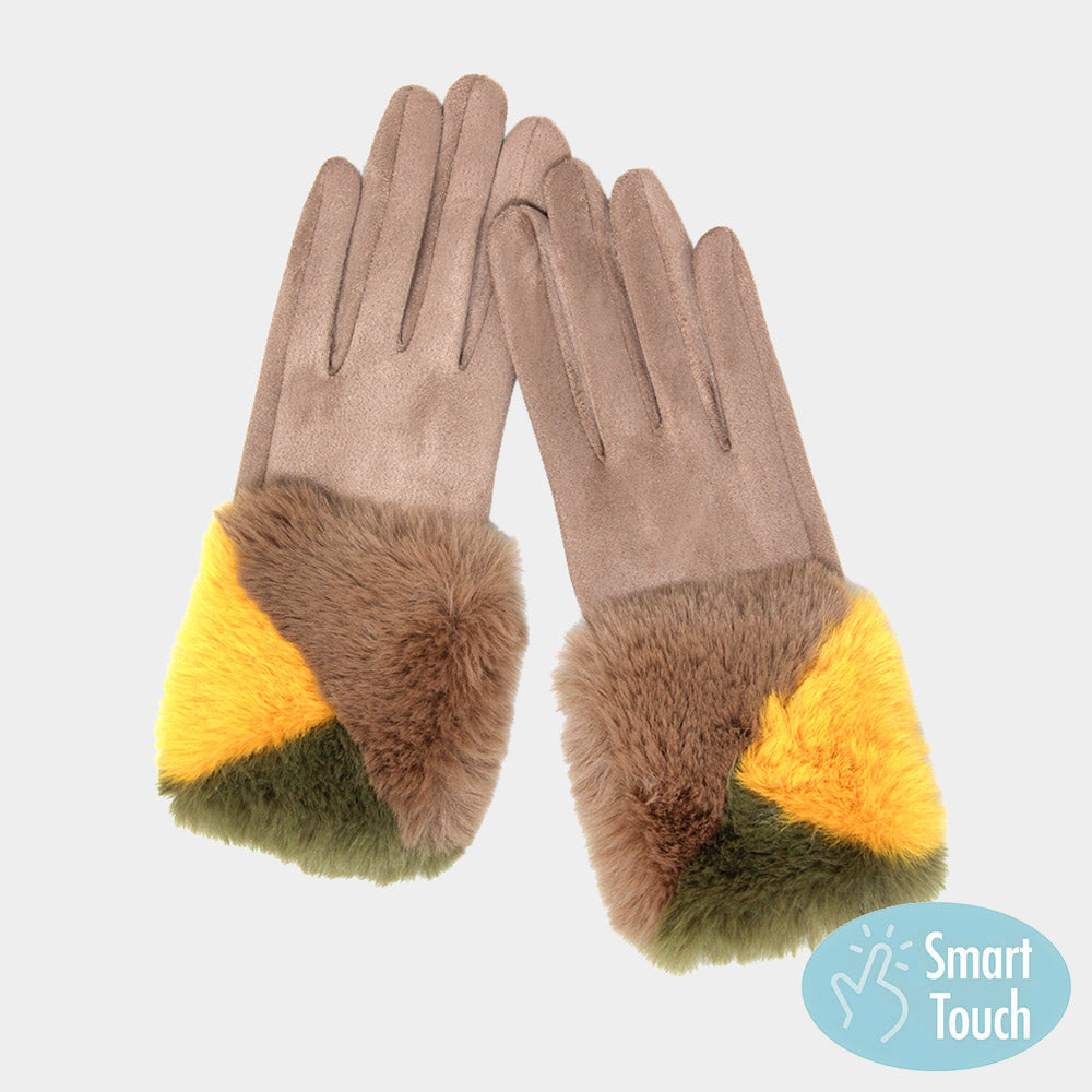 Taupe Color Block Faux Fur Cuff Accented Soft Suede Smart Gloves