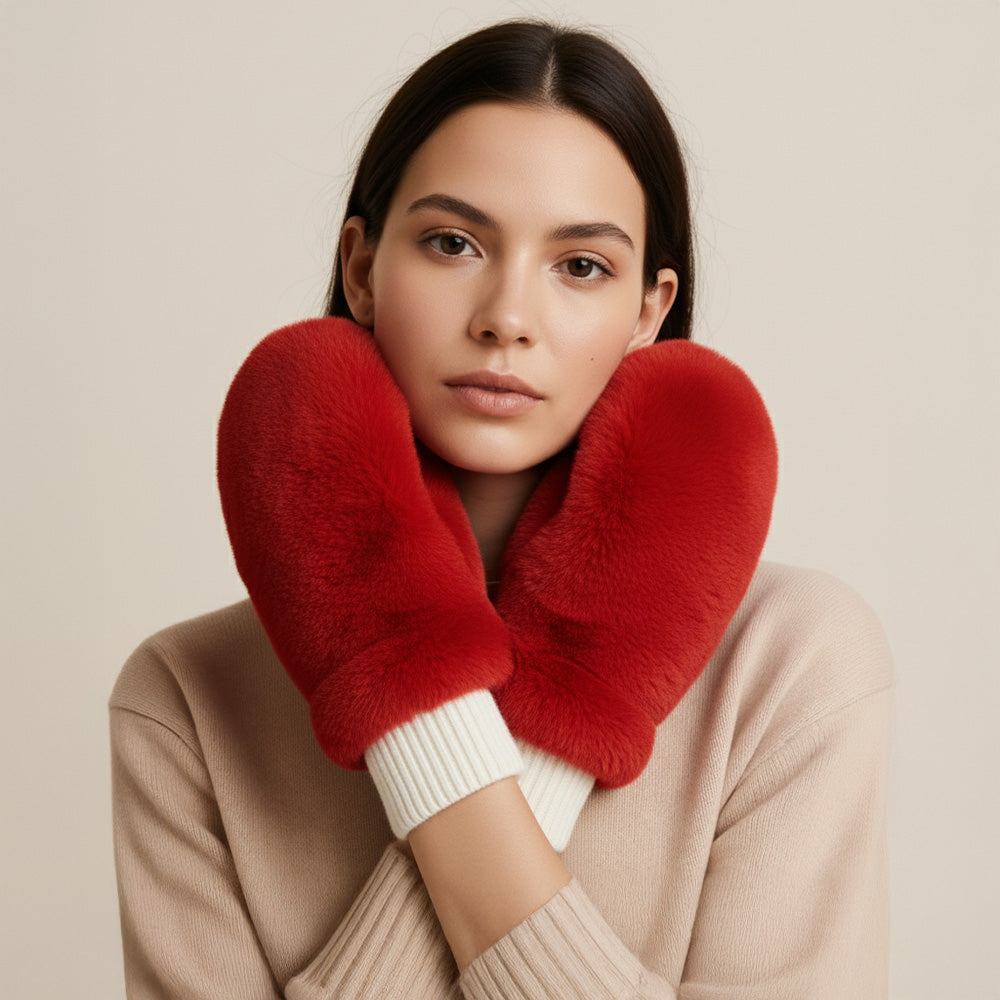 Red Solid Faux Fur Open Up Mitten Gloves