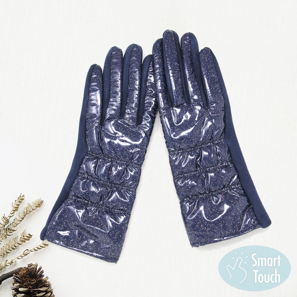 Navy Glittered Shiny Padded Puffer Smart Gloves