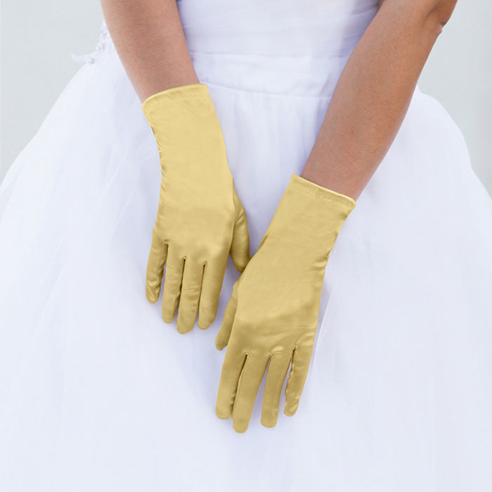 Gold Dressy Satin Wedding Gloves are designed to add a touch of sophistication and style to any wedding attire. Made with high-quality satin fabric, they are comfortable to wear and provide a perfect fit. Enhance your wedding look with these chic gloves.