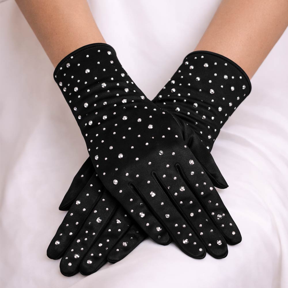 Madeline Love Black Stone Embellished Dressy Satin Wedding Gloves - Wedding & Bridal