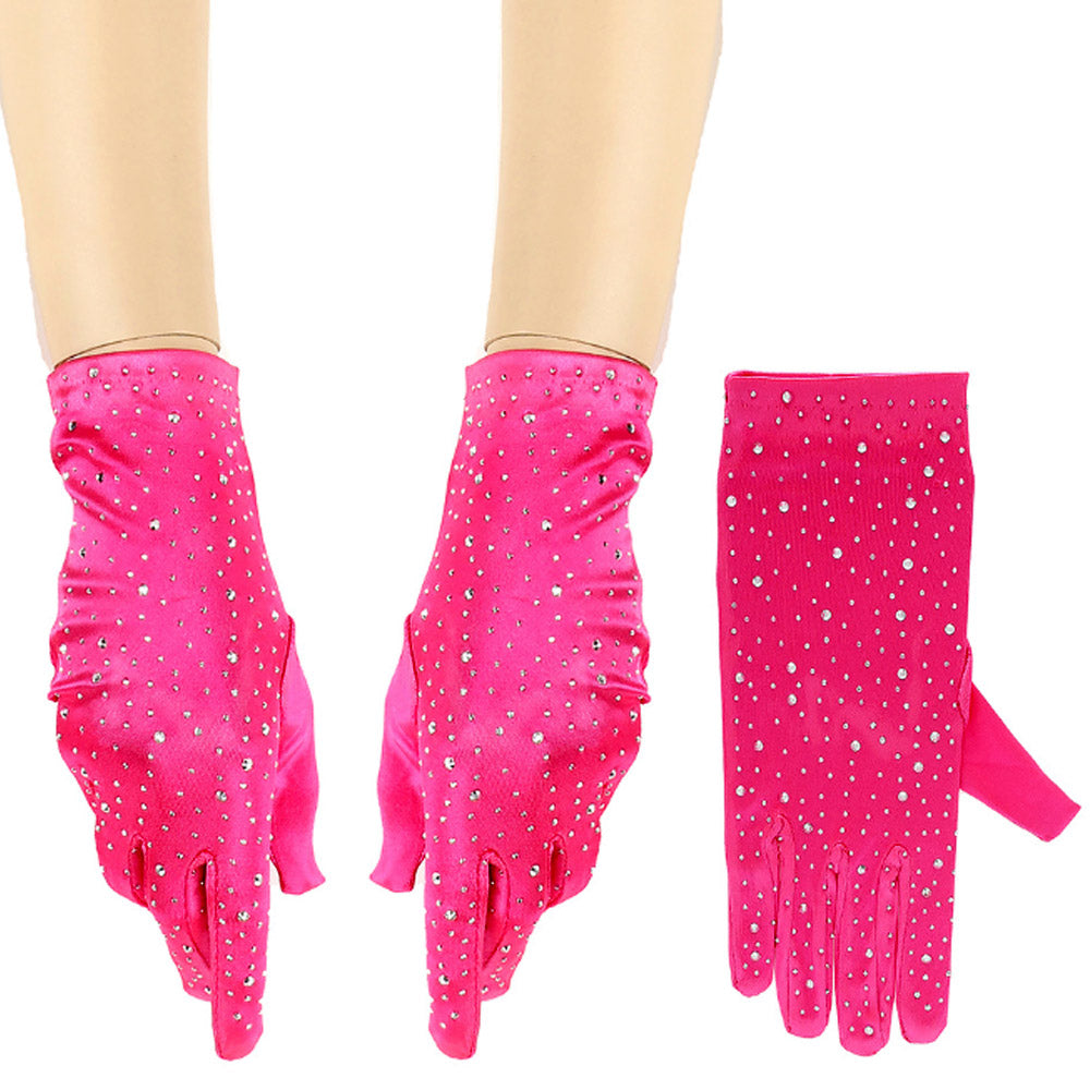 Madeline Love Fuchsia Stone Embellished Dressy Satin Wedding Gloves - Wedding & Bridal - extra