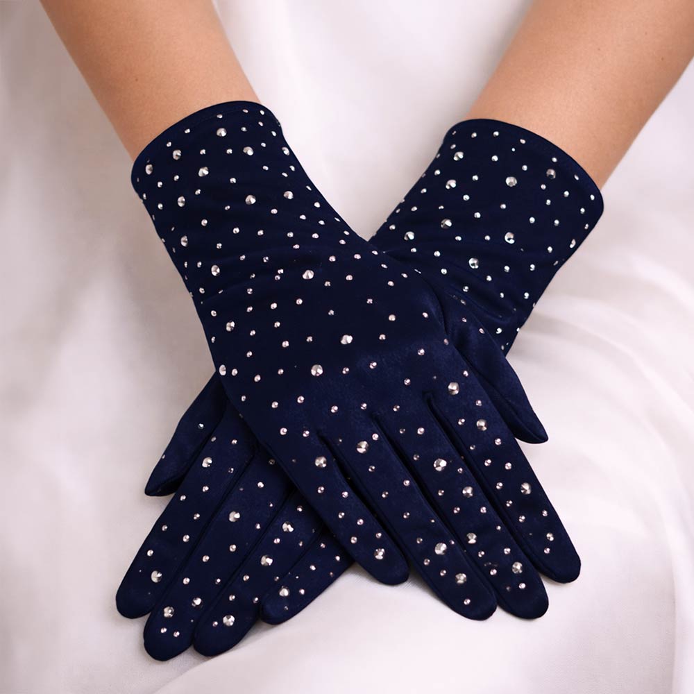 Madeline Love Navy Stone Embellished Dressy Satin Wedding Gloves - Wedding & Bridal