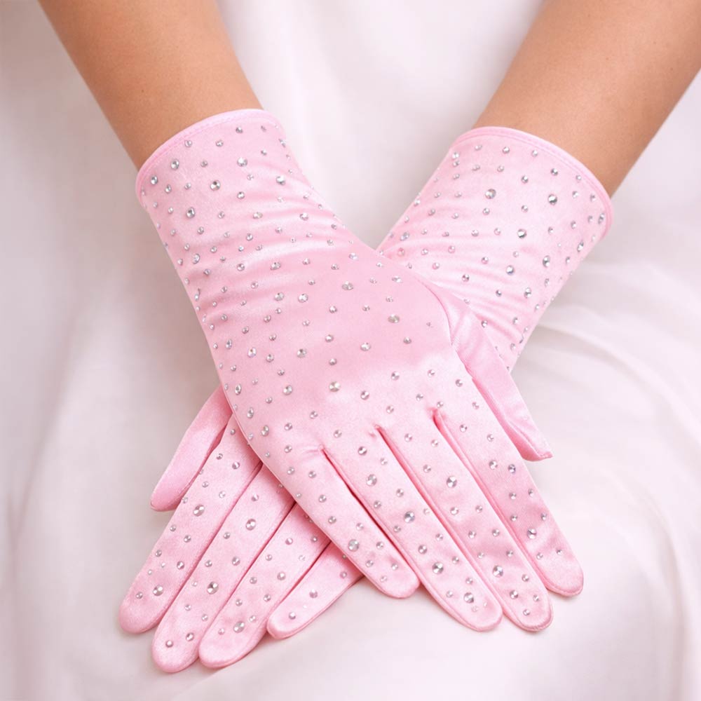 Madeline Love Pink Stone Embellished Dressy Satin Wedding Gloves - Wedding & Bridal