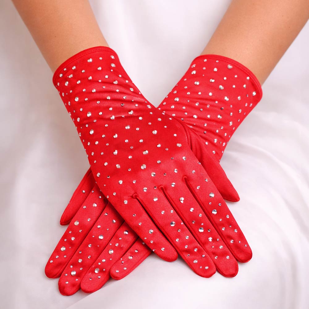 Madeline Love Red Stone Embellished Dressy Satin Wedding Gloves - Wedding & Bridal