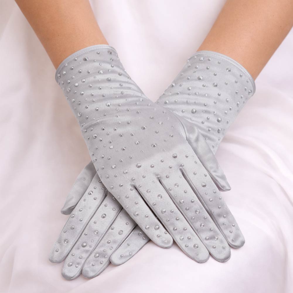Madeline Love Silver Stone Embellished Dressy Satin Wedding Gloves - Wedding & Bridal