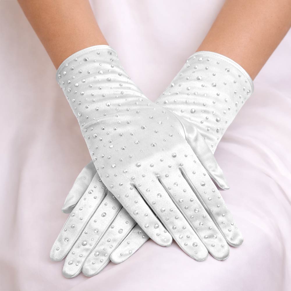 Madeline Love White Stone Embellished Dressy Satin Wedding Gloves - Wedding & Bridal