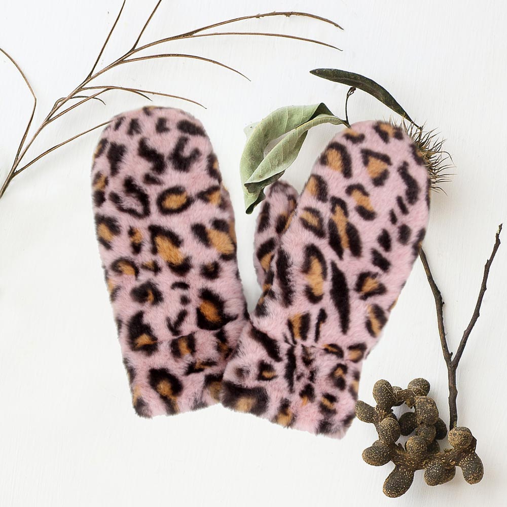 Pink Leopard Patterned Faux Fur Lining Mitten Gloves