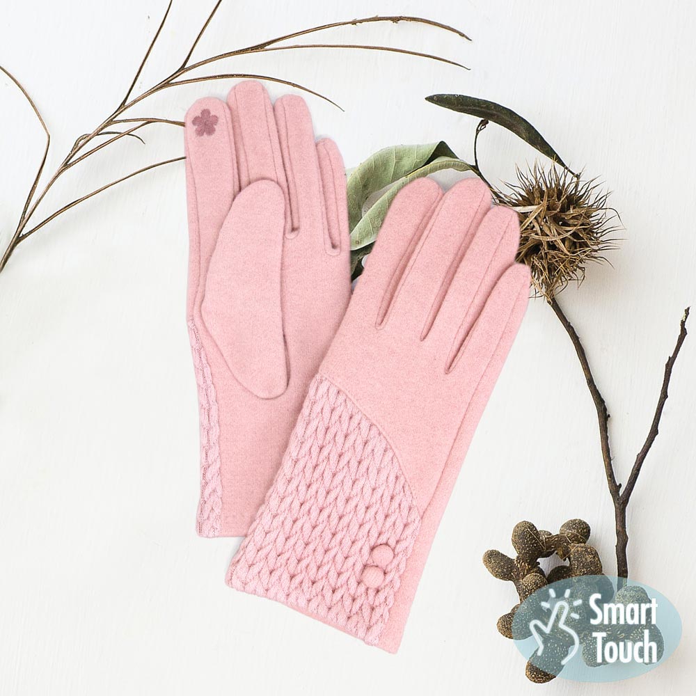Pink Cable Detailed Button Touch Smart Gloves