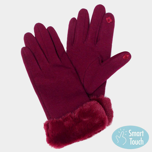 Burgundy FAUX FUR WRIST SMART GLOVES