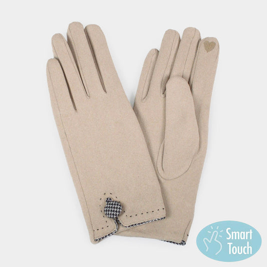 Beige Houndstooth Patterned Button Touch Smart Gloves