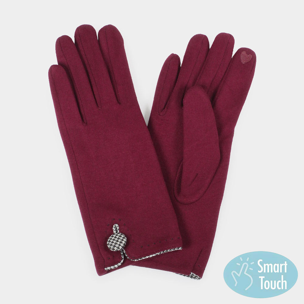 Burgundy Houndstooth Patterned Button Touch Smart Gloves