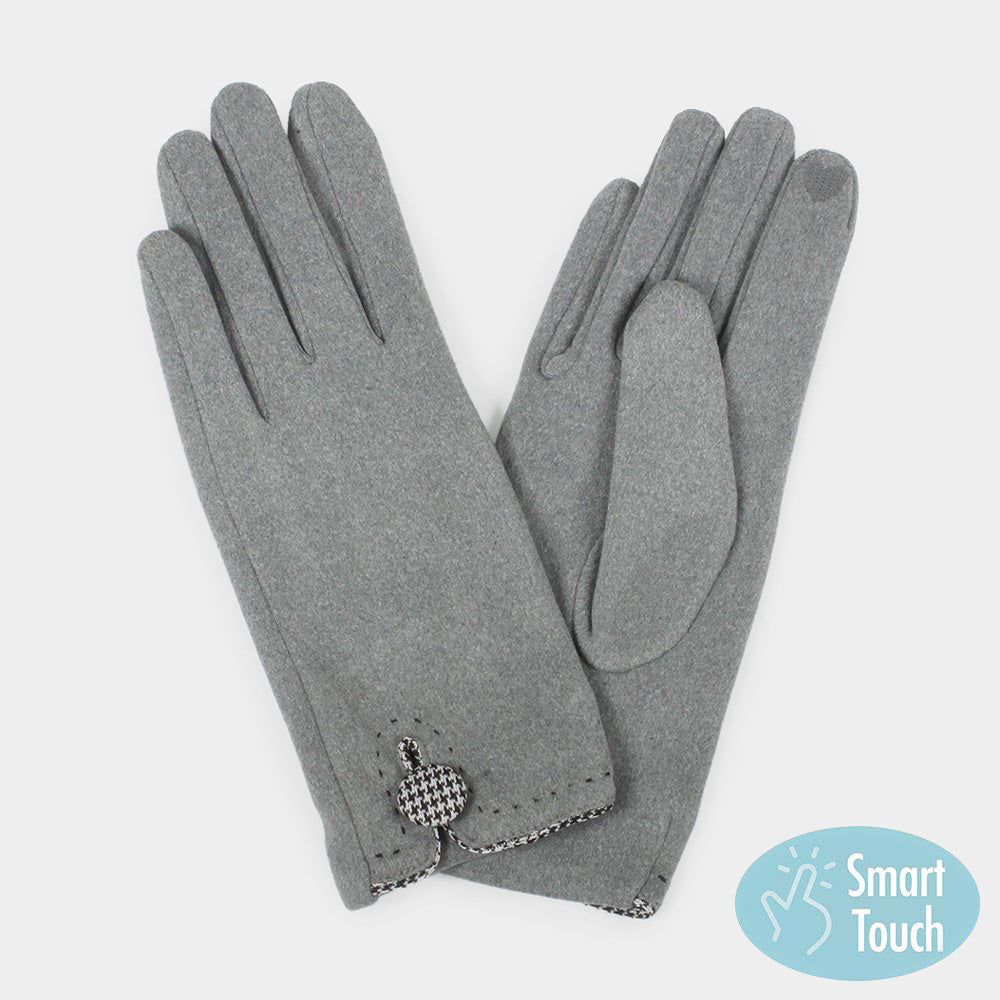 Gray Houndstooth Patterned Button Touch Smart Gloves