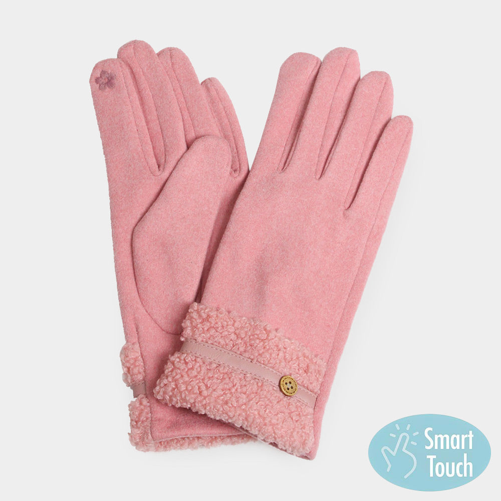 Pink Teddy Faux Fur Cuff Touch Smart Gloves
