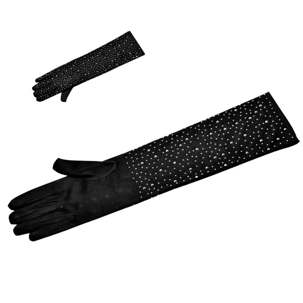 Madeline Love Black Rhinestone Embellished Evening Long Gloves - Wedding & Bridal - desc