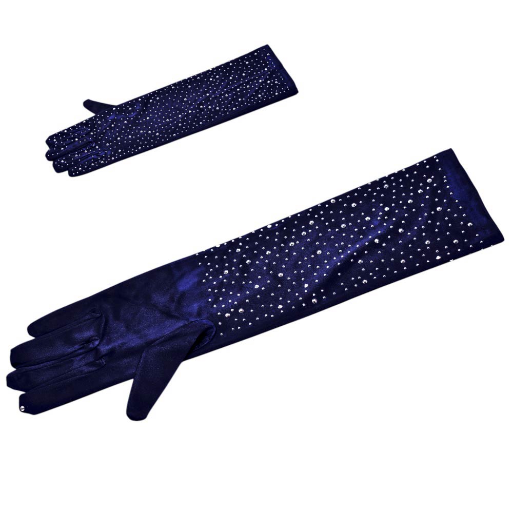 Madeline Love Navy Rhinestone Embellished Evening Long Gloves - Wedding & Bridal - desc
