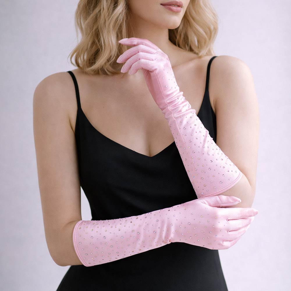 Madeline Love Pink Rhinestone Embellished Evening Long Gloves - Wedding & Bridal