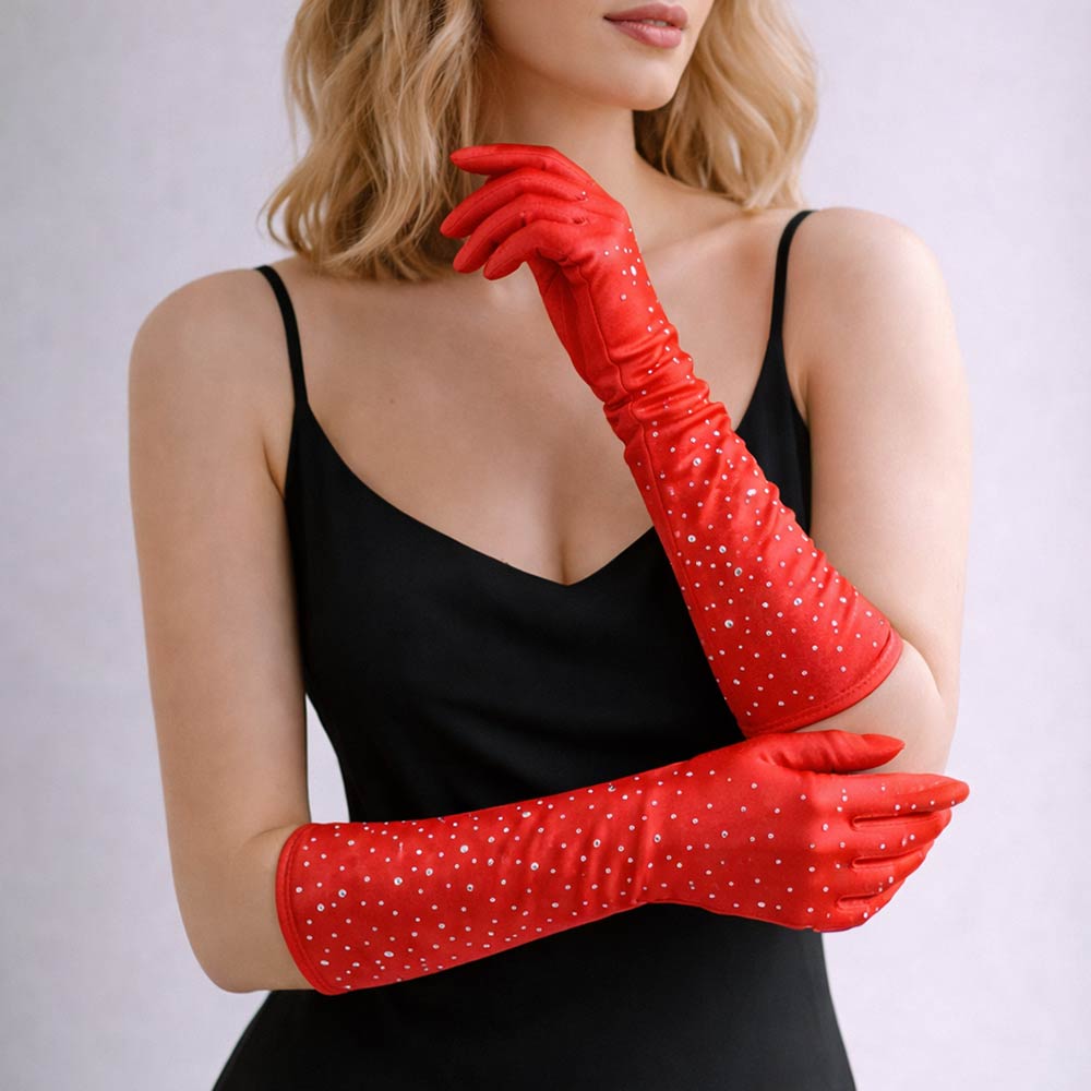Madeline Love Red Rhinestone Embellished Evening Long Gloves - Wedding & Bridal