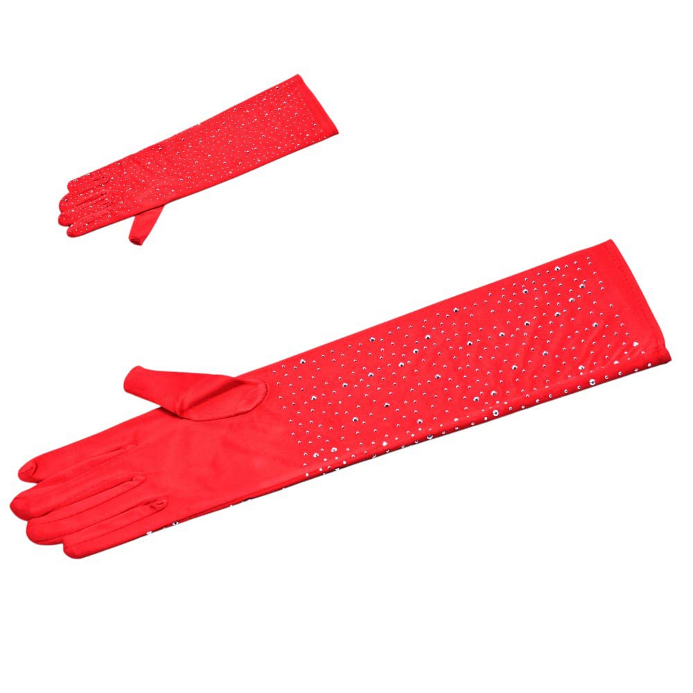 Madeline Love Red Rhinestone Embellished Evening Long Gloves - Wedding & Bridal - desc
