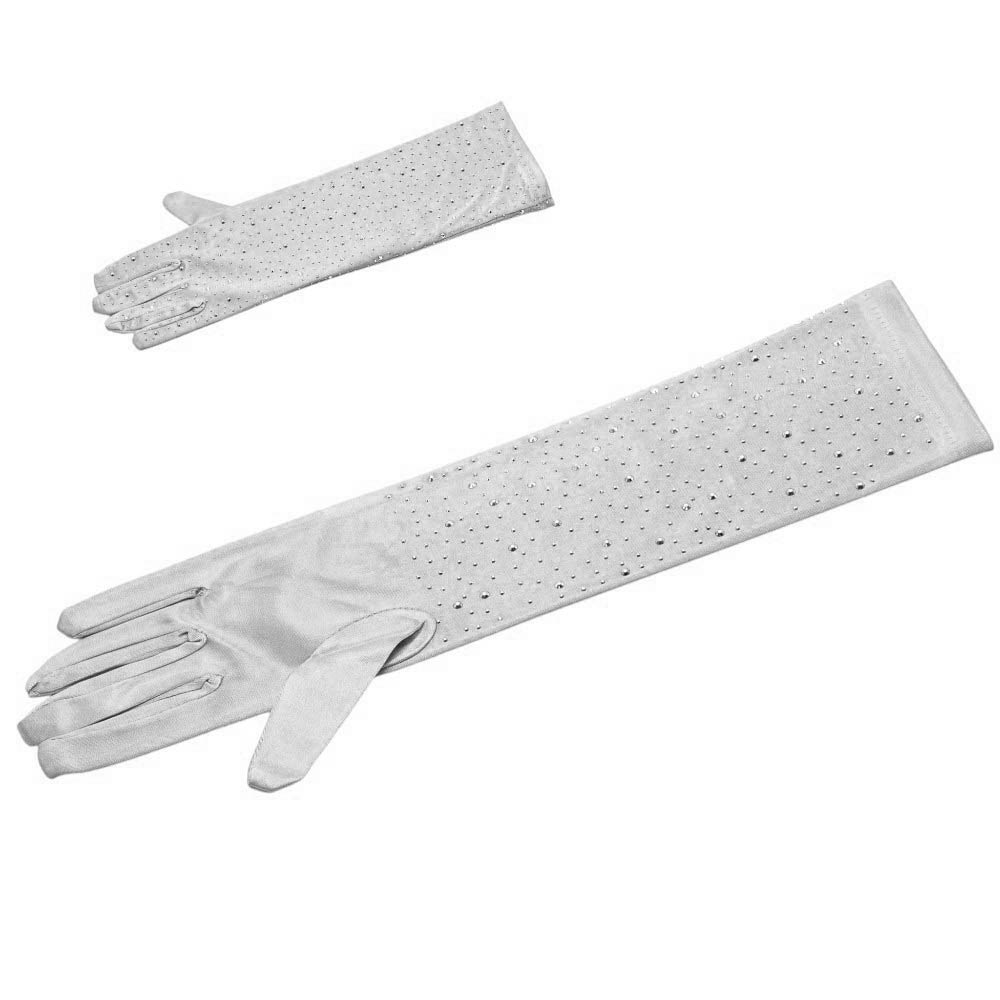 Madeline Love Silver Rhinestone Embellished Evening Long Gloves - Wedding & Bridal - desc