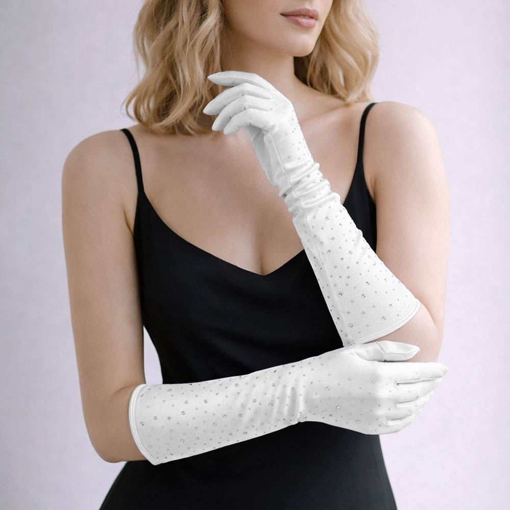 Madeline Love White Rhinestone Embellished Evening Long Gloves - Wedding & Bridal