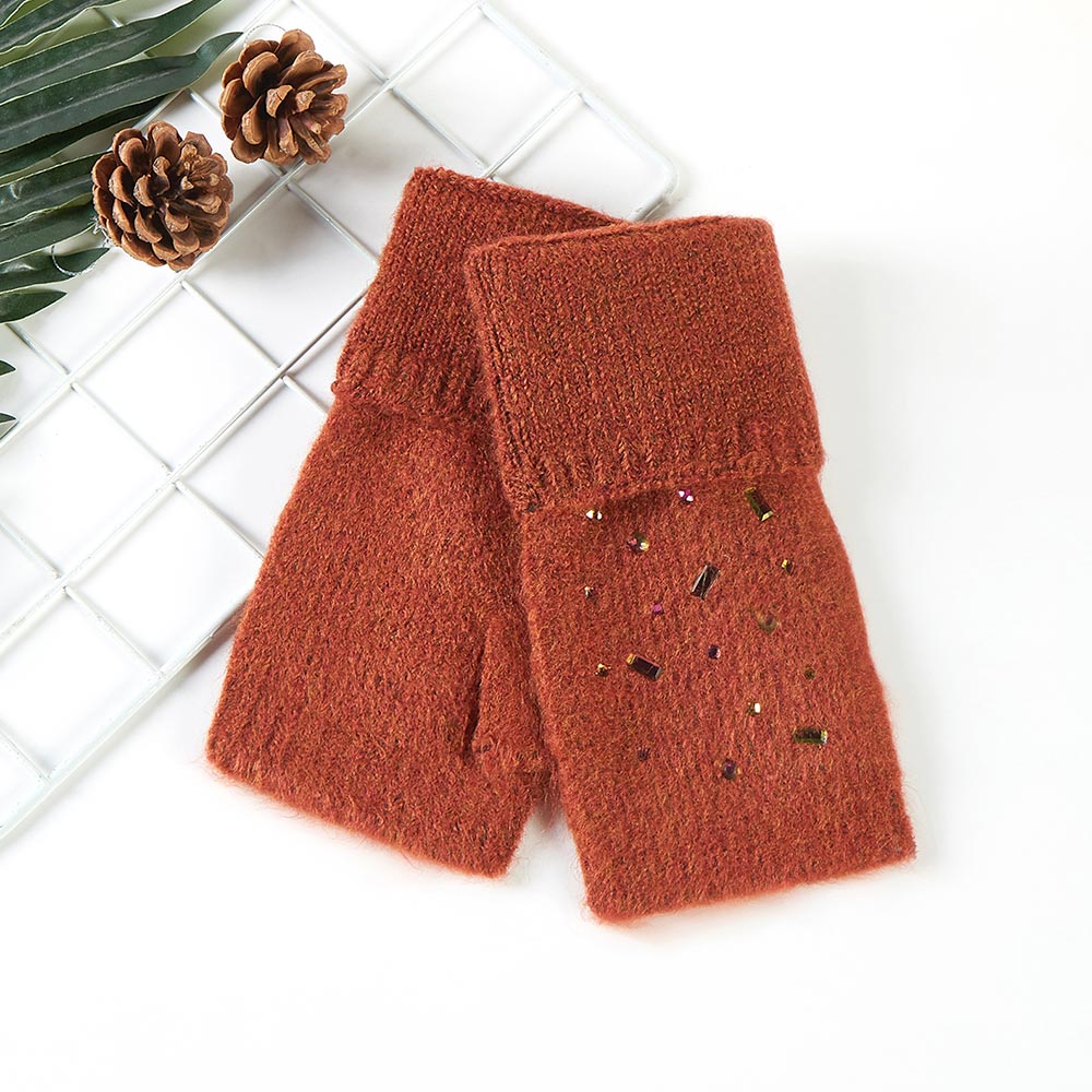 Brown Bling Stone Embellished Knit Fingerless Gloves