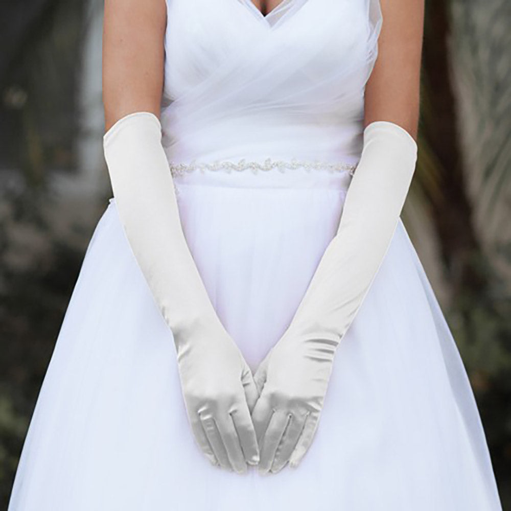 Ivory &nbsp;Dressy Satin Wedding chic Gloves are designed to add a touch of sophistication and style to any wedding attire. Made with high-quality satin fabric, they are comfortable to wear and provide a perfect fit. Enhance your wedding look with these chic gloves.