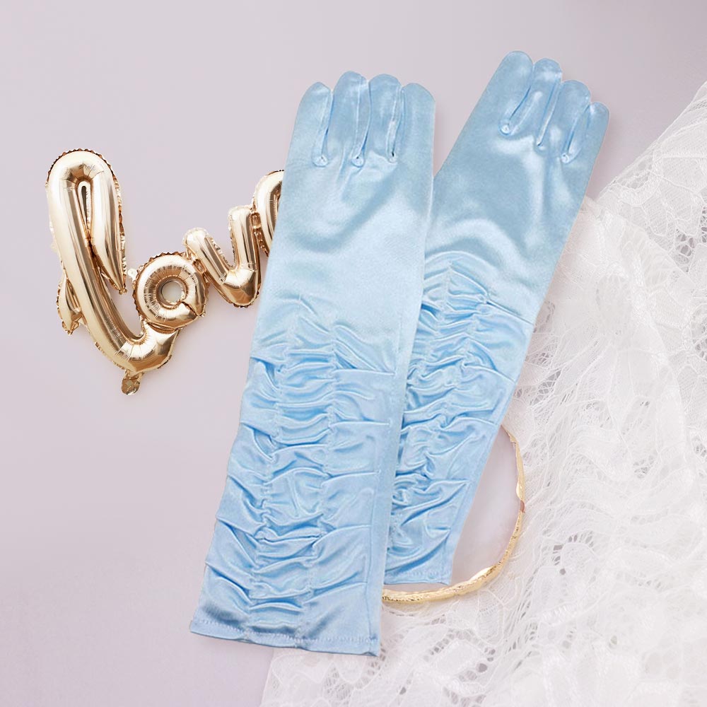Madeline Love Light Blue Dressy satin ruffle gloves - Wedding & Bridal