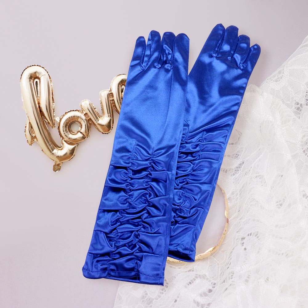 Madeline Love Royal Blue Dressy satin ruffle gloves - Wedding & Bridal
