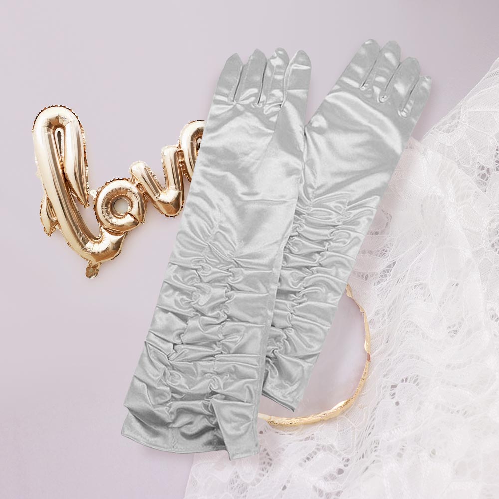 Madeline Love Silver Dressy satin ruffle gloves - Wedding & Bridal