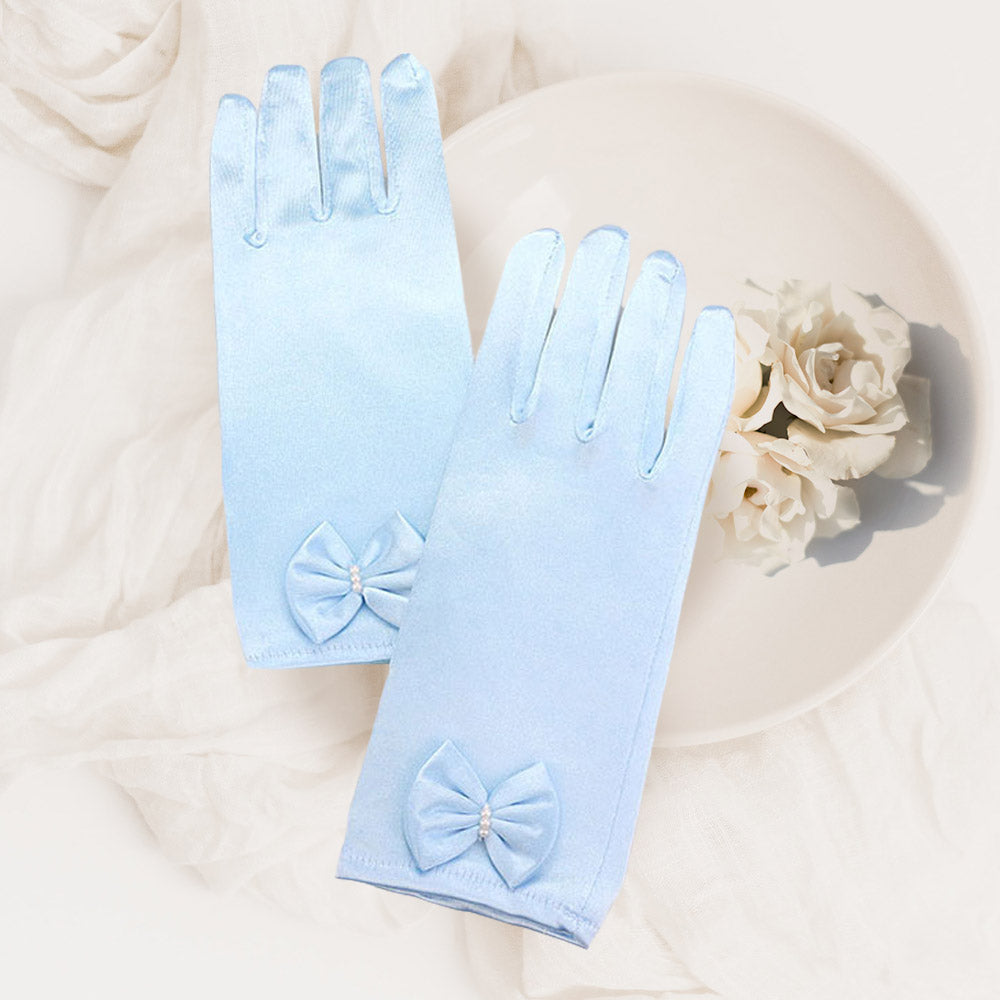 Madeline Love Light Blue Dressy satin bow gloves - Wedding & Bridal