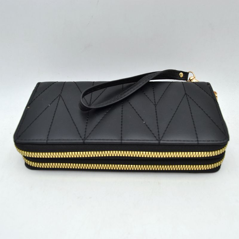 Geometric Stitched Double Zipper Wallet with Wristlet Strap - Black - Wallets