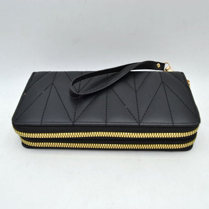 Geometric Stitched Double Zipper Wallet with Wristlet Strap - Black - Wallets