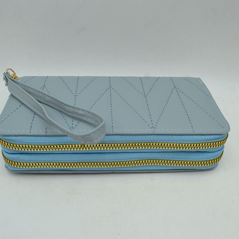 Geometric Stitched Double Zipper Wallet with Wristlet Strap - Blue - Wallets
